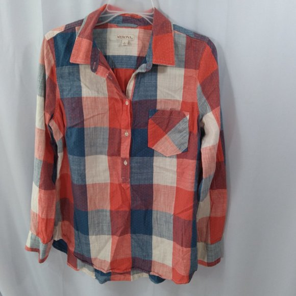 Merona Tops - ⭐ Merona Half Button Front Plaid Long Sleeve Blouse Top Shirt